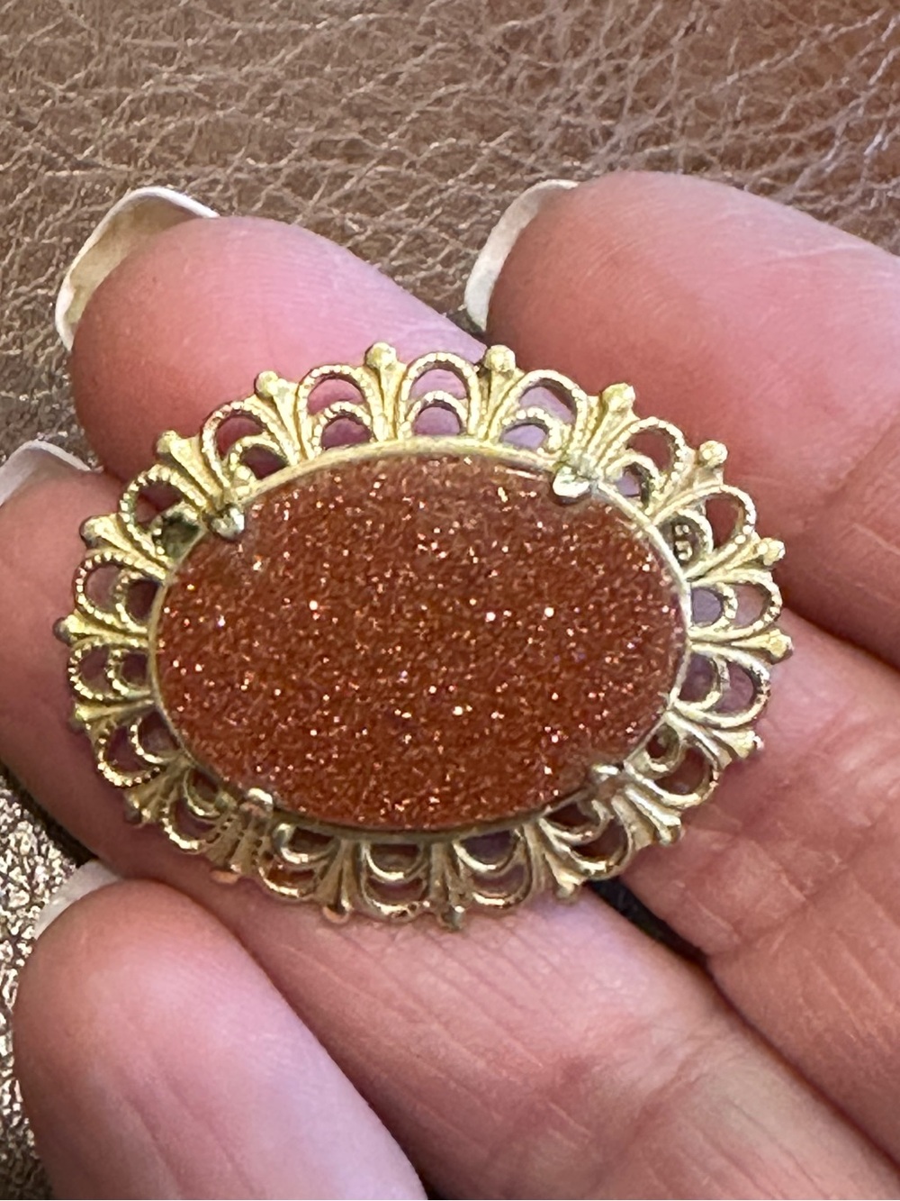 Gold-Tone Women's Brooch with Rust Red Stone